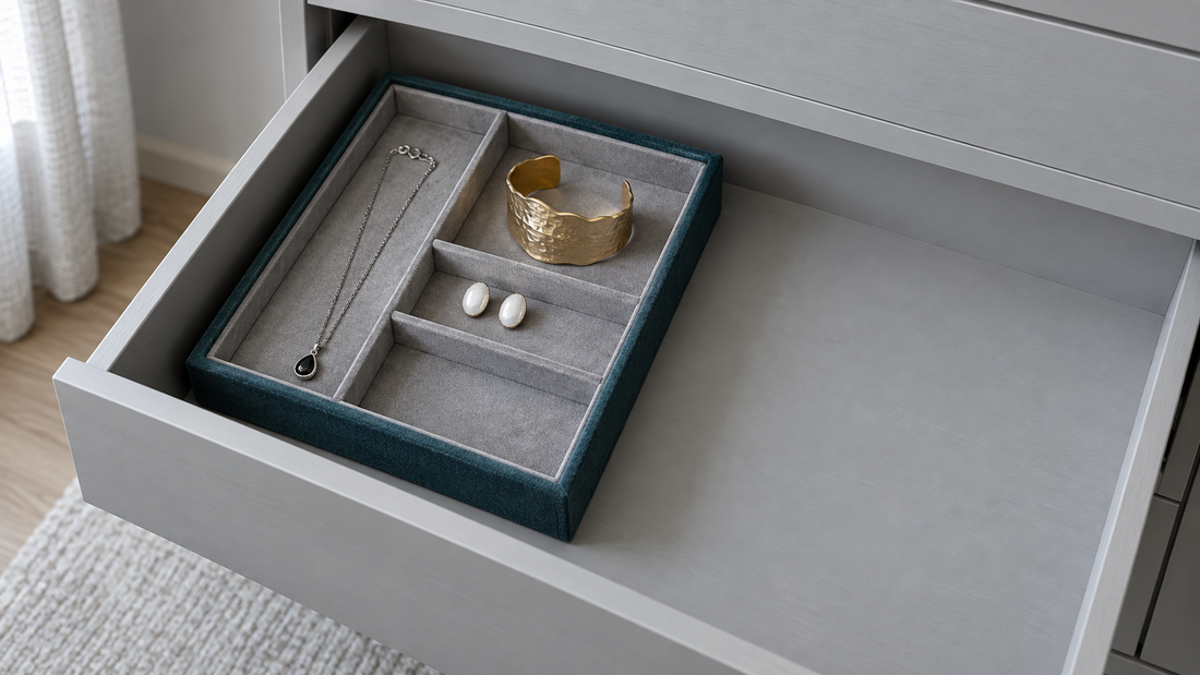 Teal jewelry organizer positioned along the left side of a gray drawer, with unused floor space visible beside it.