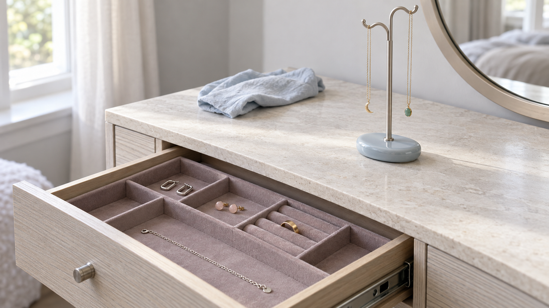 A divided jewelry drawer stores earrings, a ring, and a bracelet beside a standing necklace holder on a bright stone-topped vanity.