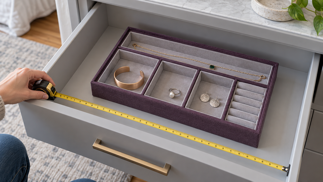 Hand measuring the interior width of a deep gray drawer containing a plum jewelry organizer with divided compartments.