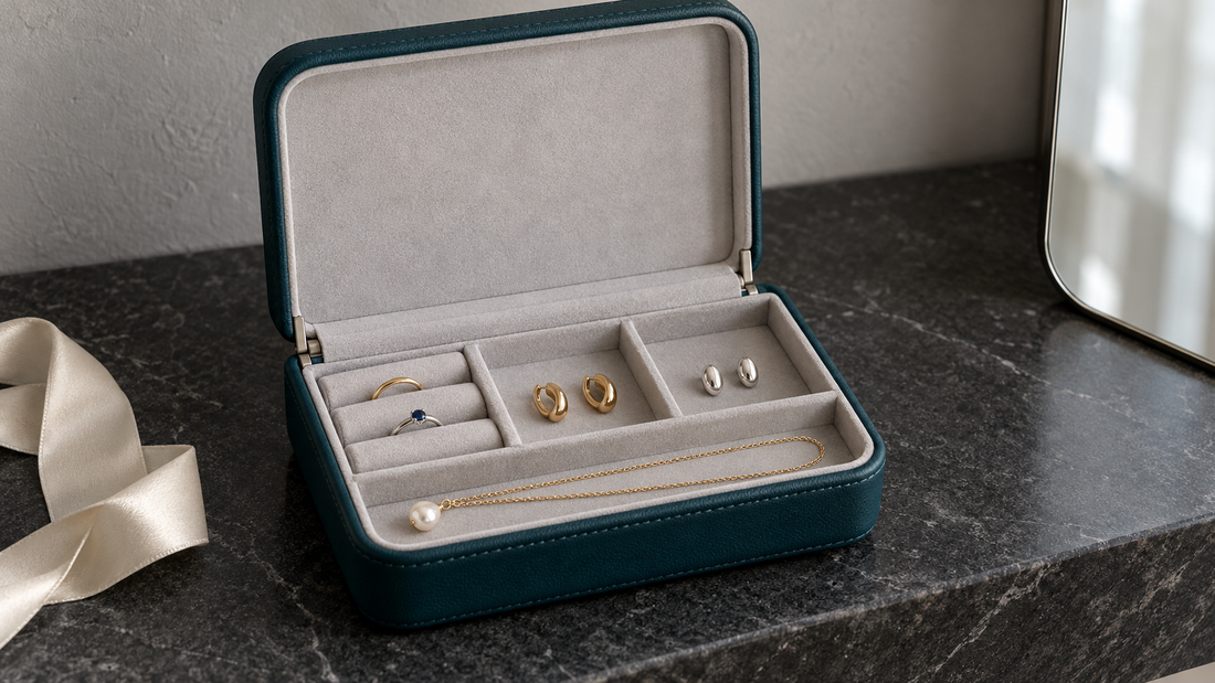 Open teal jewelry box with a soft gray lining separates everyday rings, paired earrings, and a pearl pendant necklace on a dark stone vanity.