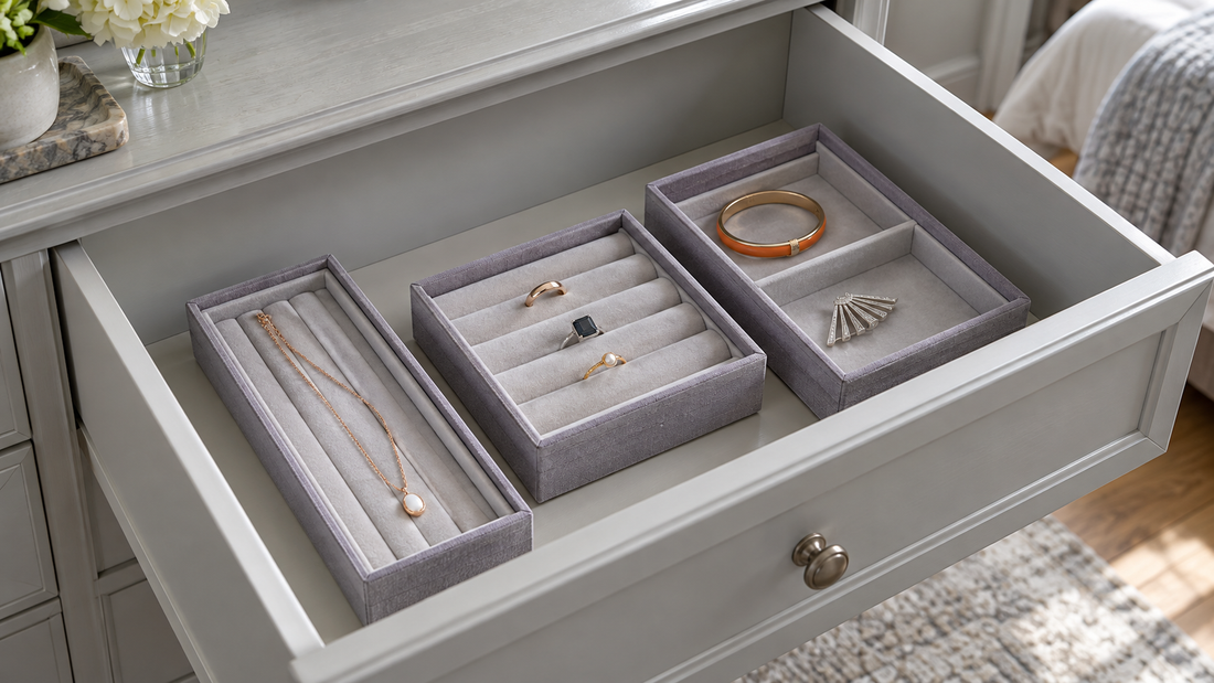 Three lilac jewelry trays arranged side by side in a deep gray drawer, with necklaces, rings, and accessories accessible without stacking.