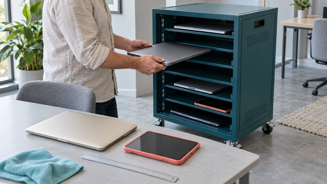 A person compares a laptop with a charging cart’s shelf opening while differently sized devices rest on a nearby table.