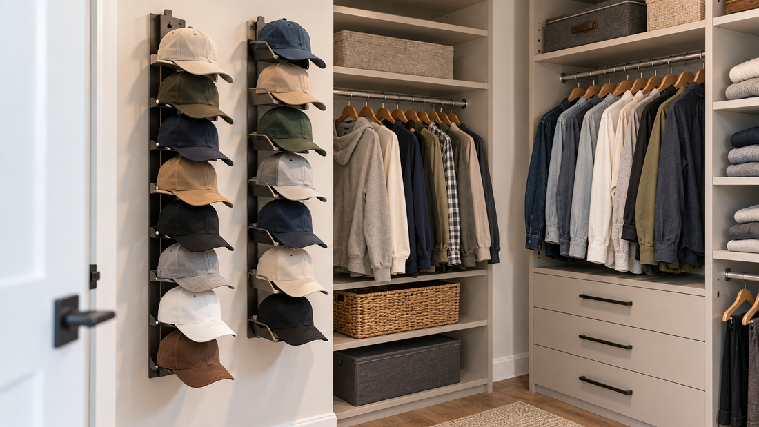 Large baseball cap collection stored individually on wall-mounted hat organizers in a modern walk-in closet without stacking caps on shelves.