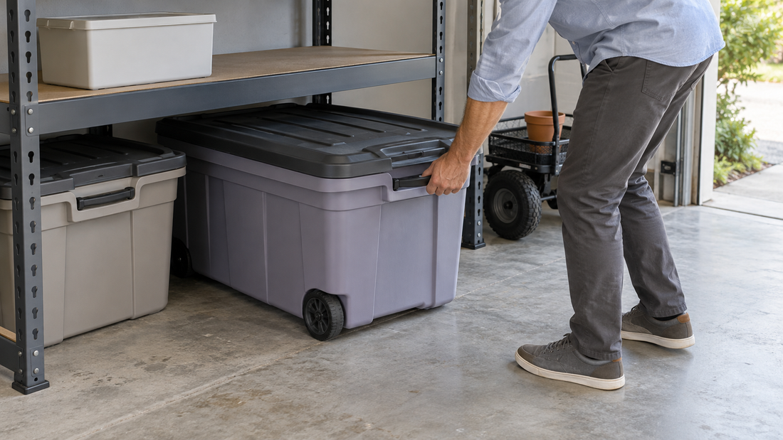 Person pulling a large wheeled garage container from beneath shelving with clear space in front and beside neighboring storage.