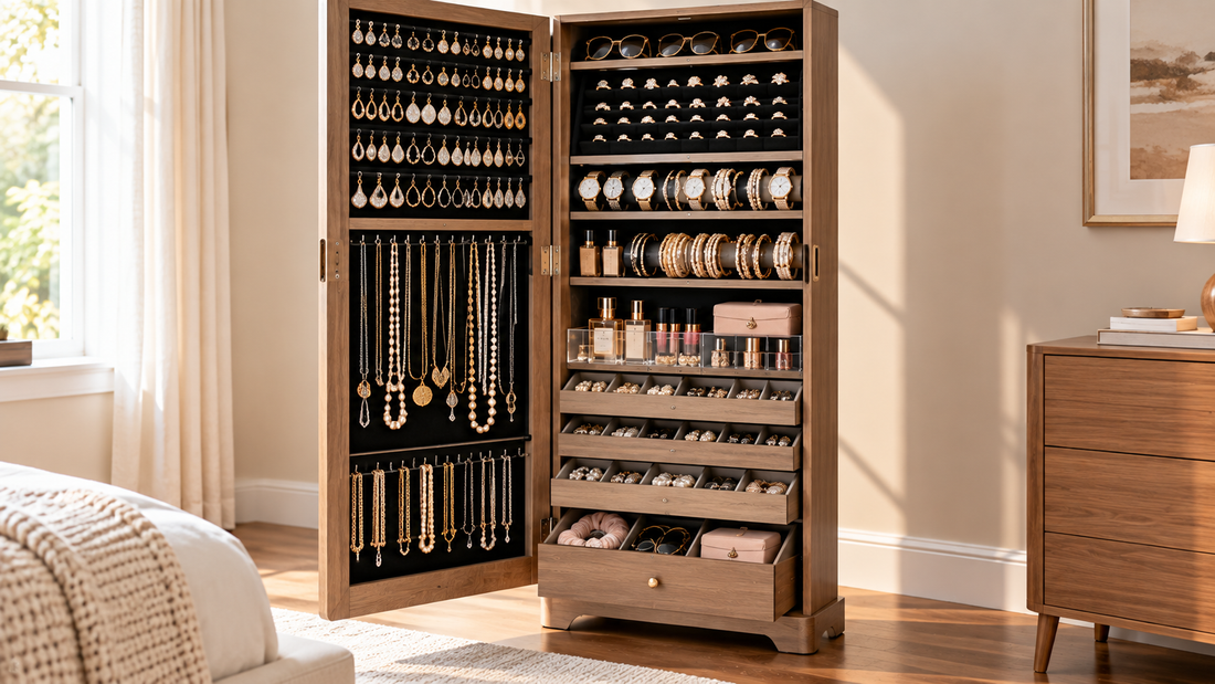Large jewelry collection organized in one tall jewelry armoire with dedicated storage for necklaces, earrings, rings, bracelets, watches, and accessories.