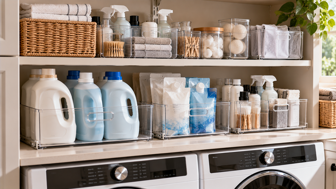 Large detergent containers and refill packages separated from smaller laundry care products to preserve usable shelf space.