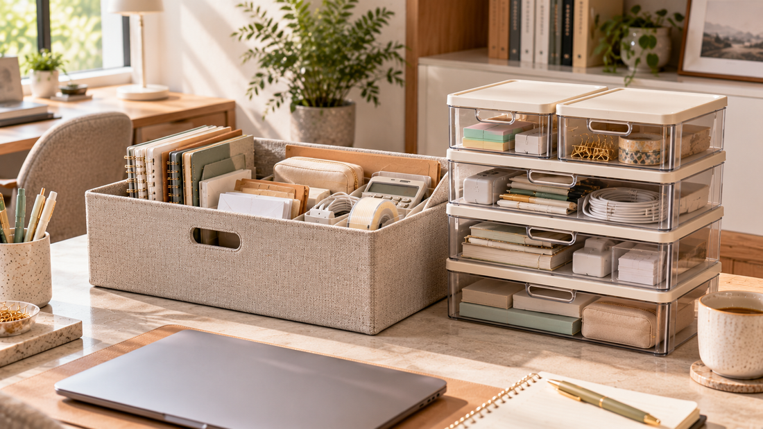 Large office storage box holding mixed supplies beside multiple small stackable boxes separating stationery, cables, notebooks, and desk accessories by category.