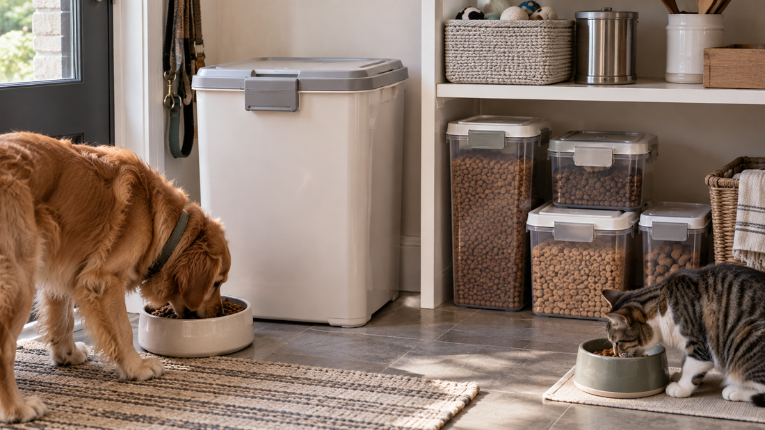 Large pet food container and multiple smaller containers organizing separate food supplies for a dog and cat in a multi-pet home.