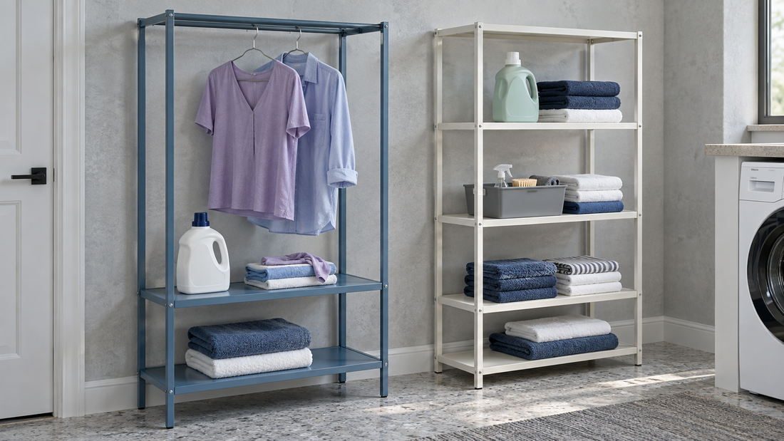 Blue laundry rack with shirts on a hanging rod beside a white shelving-only rack holding towels and laundry supplies.