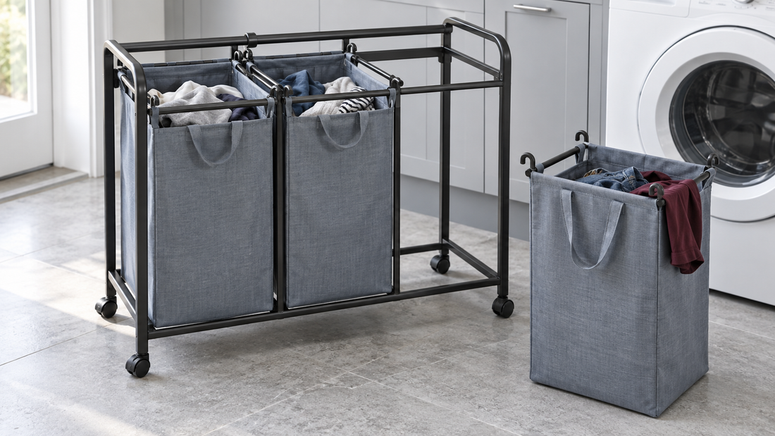 Three-compartment laundry sorter with two hanging gray bags and one detached bag beside the frame, showing support hooks and removal space.