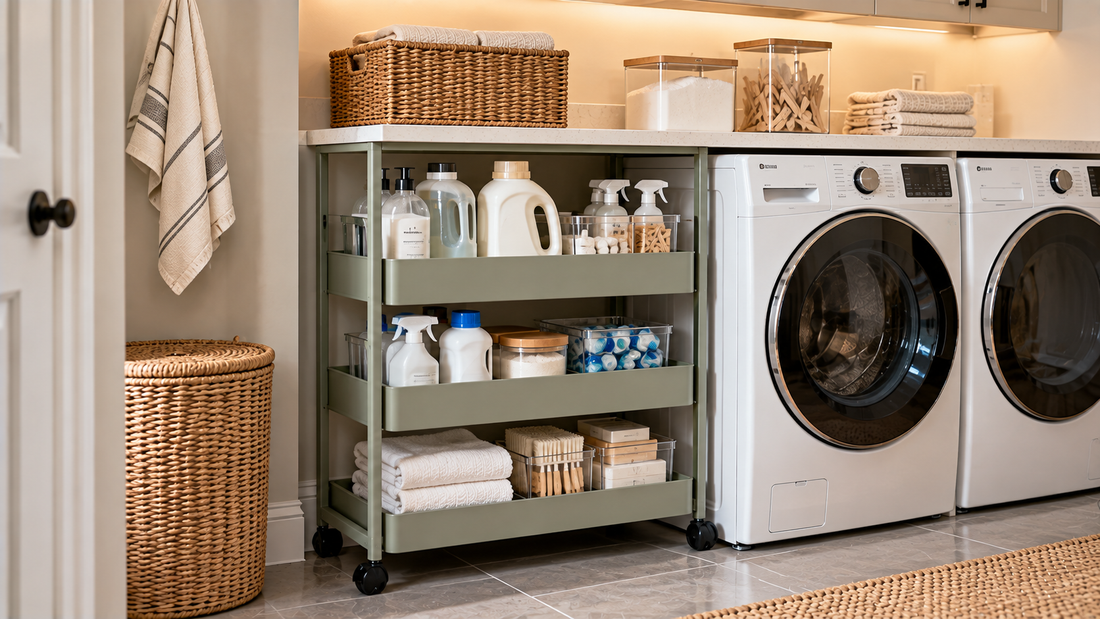 Laundry organizer beside the washer keeping detergent, stain treatments, fabric-care products, and other same-cycle supplies together within easy reach.