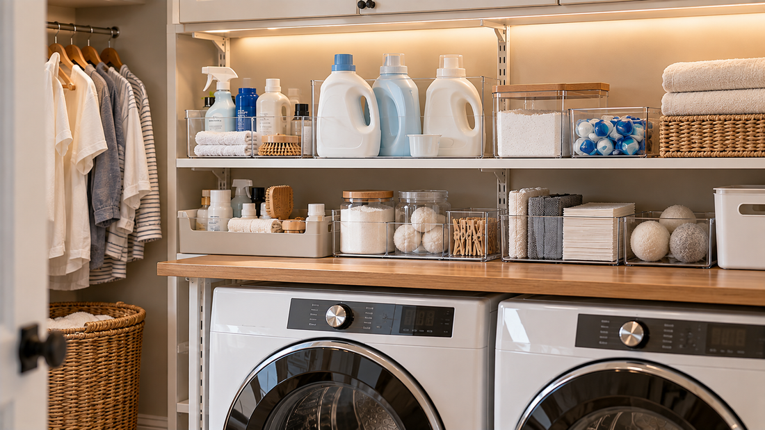 Laundry supplies organized near the washer by sequence of use, with stain treatments and wash products kept accessible before drying accessories.