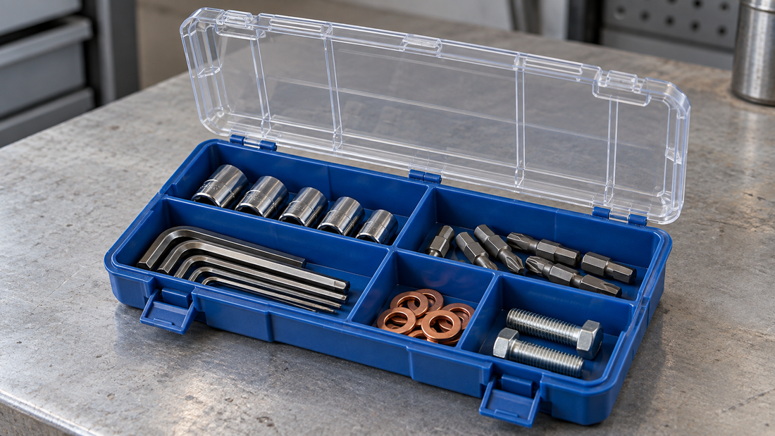 Sockets, hex keys, driver bits, washers, and bolts sit below the dividers in a blue organizer with its clear lid open.