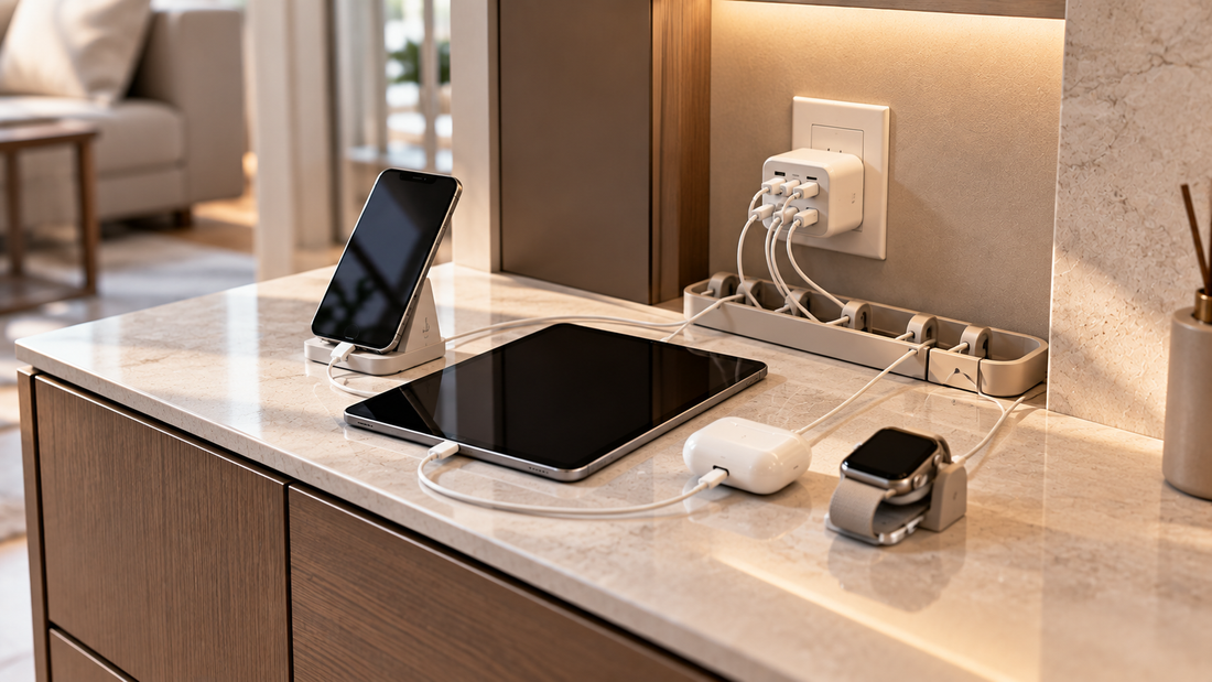 Multiple compatible devices sharing one organized charging area through a multiport hub when available wall outlets are limited.