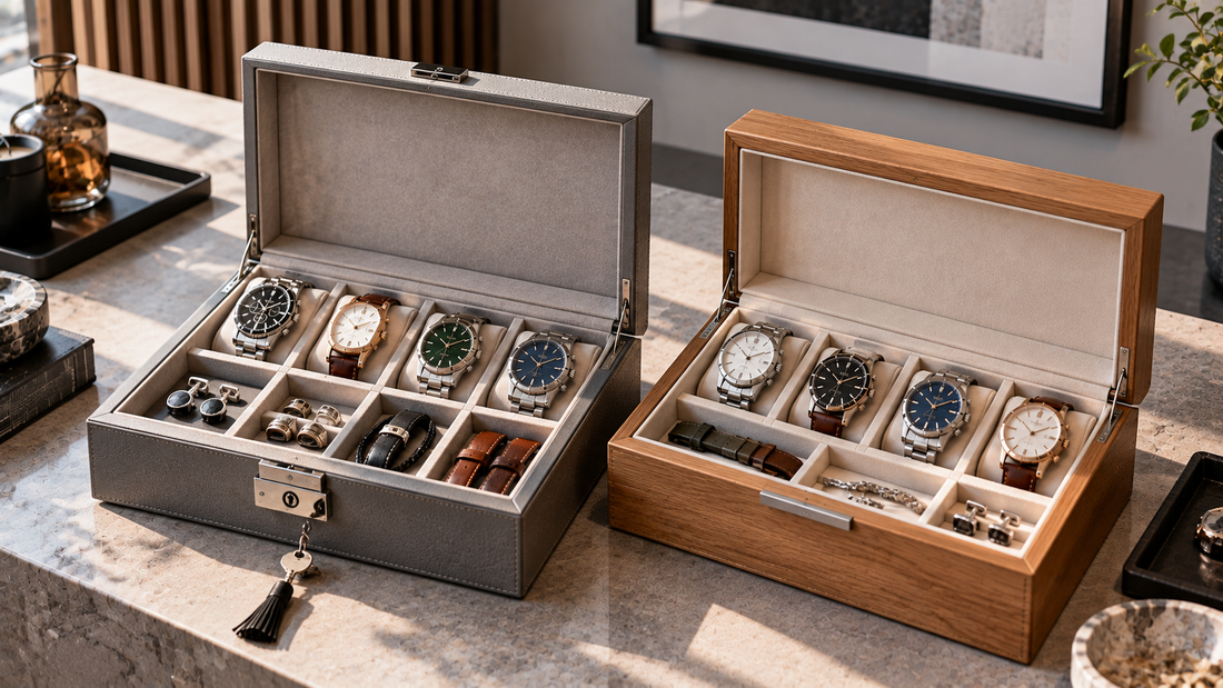 Locking watch box with a visible key closure beside a non-locking watch box, comparing secured closure with simpler access for watches and accessories.