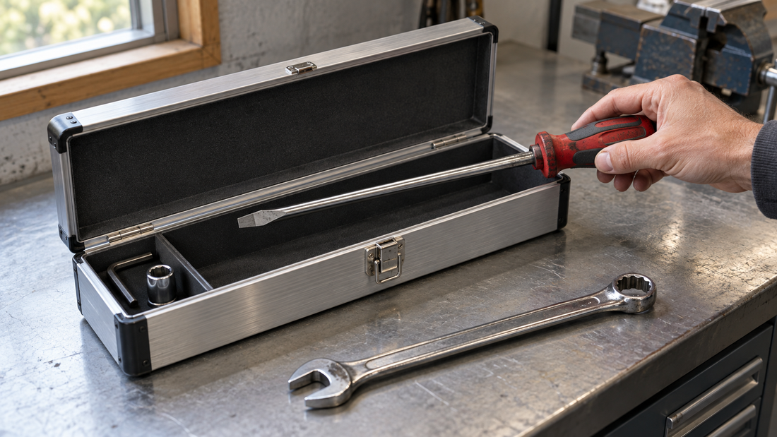 A hand holds a long screwdriver above an open tool organizer to check its length and insertion clearance.