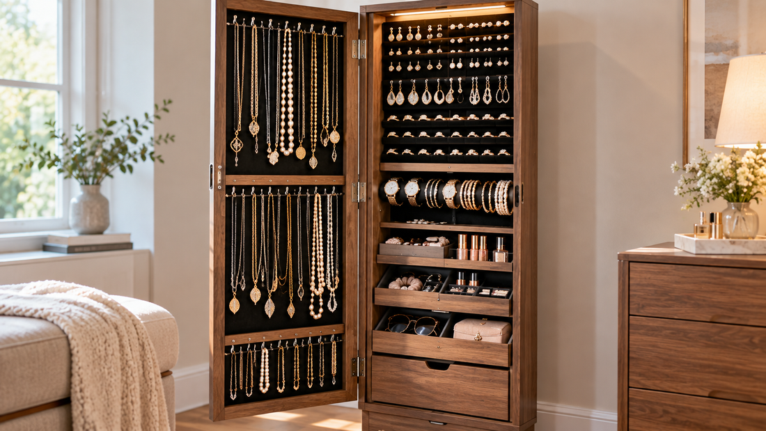 Long necklaces hanging individually from separate hooks inside a jewelry armoire to reduce overlapping and tangling during storage.