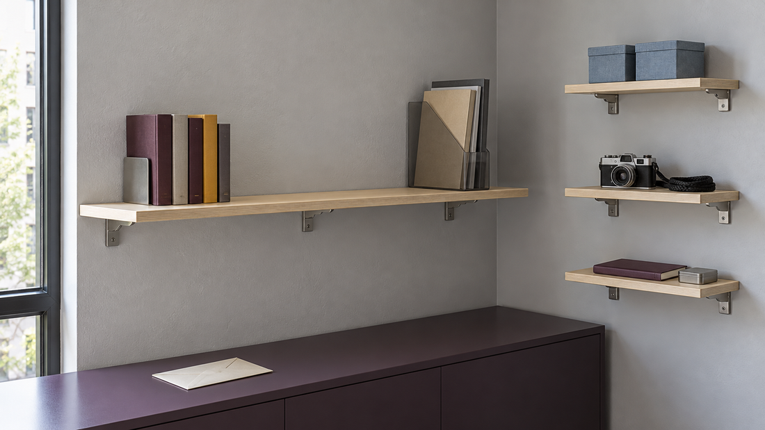 One long shelf holds books and folders, while three short shelves separate storage boxes, a camera, and stationery on an adjacent wall.