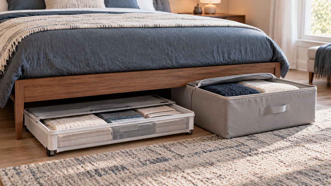 Low-profile rolling under-bed storage beside a taller storage container, showing how different heights fit bedroom clearance and bedding storage needs.