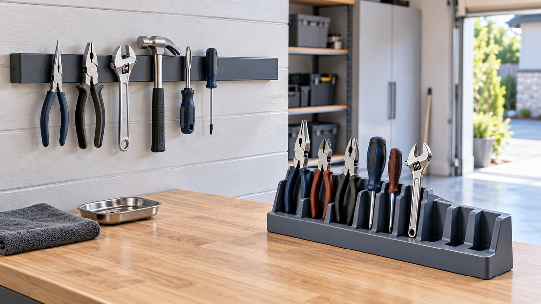 Magnetic wall-mounted tool holder beside a freestanding slotted organizer storing frequently used hand tools in a bright garage workshop.