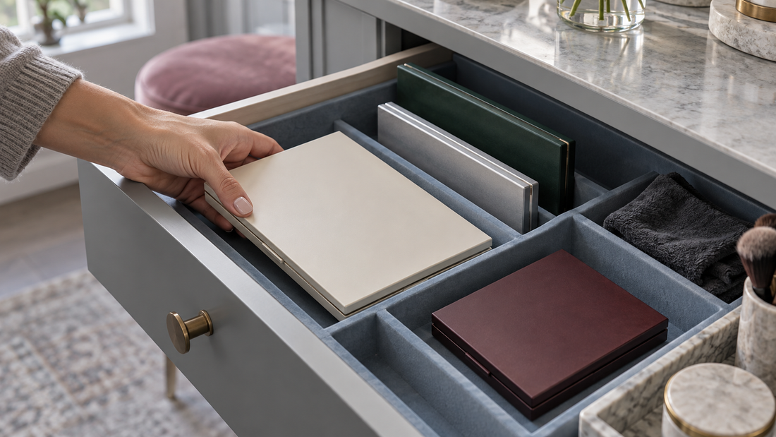 A hand lifts a makeup palette from its own drawer compartment while neighboring palettes remain separately accessible.