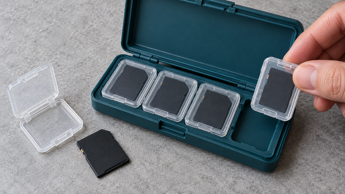 Hand lifting a transparent SD card holder from an open teal case, with a separate card and empty holder beside it.