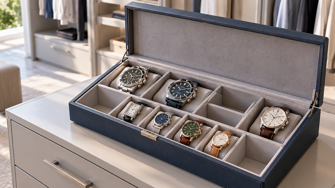 Deep navy watch organizer with varied compartment widths separating large, medium, and smaller watch case sizes in a bright modern dressing room.