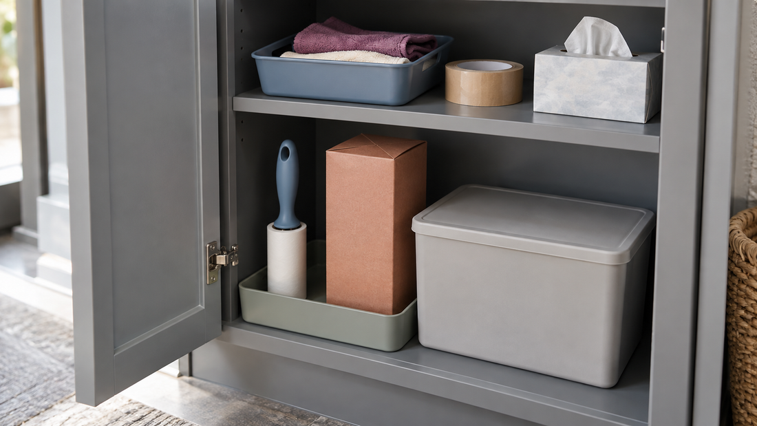 Household supplies of different heights arranged on gray cabinet shelves, with clearance above a lint roller, tall carton, and lidded container.