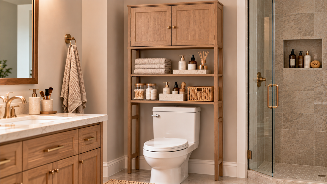 Over-the-toilet bathroom storage with open shelves for everyday toiletries and an enclosed cabinet for concealed backup supplies.