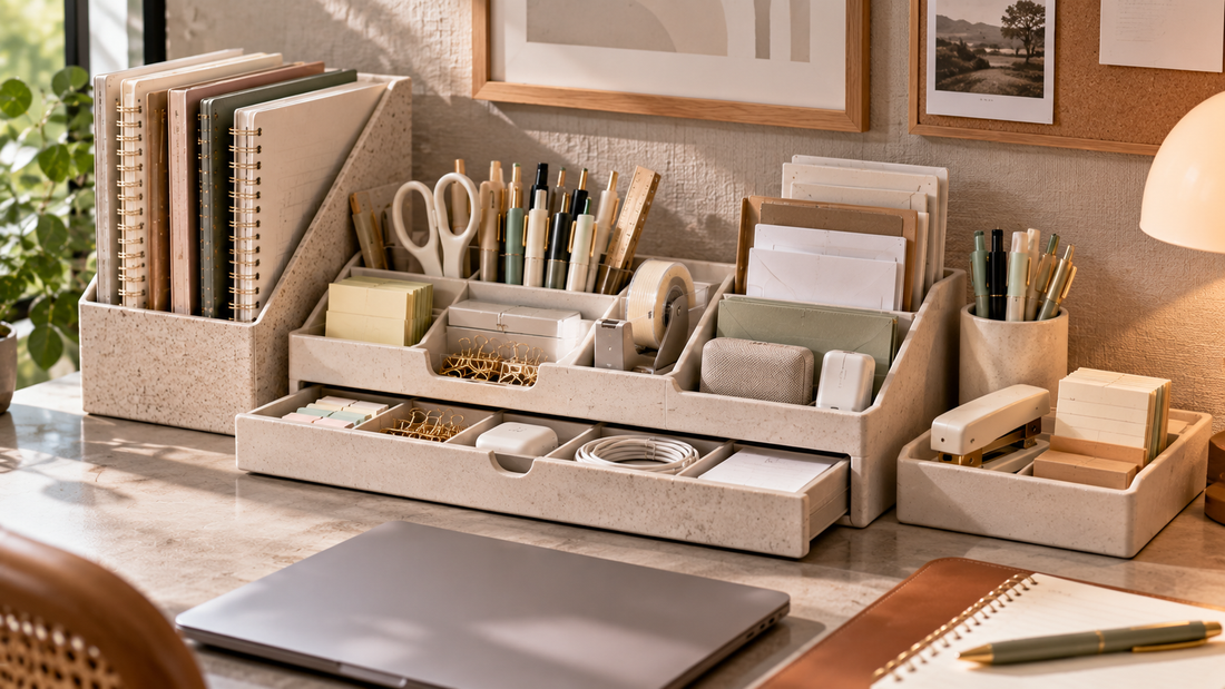 Desk organizer with varied storage sections accommodating long pens, wide notebooks, small accessories, cables, and bulky office supplies in separate spaces.
