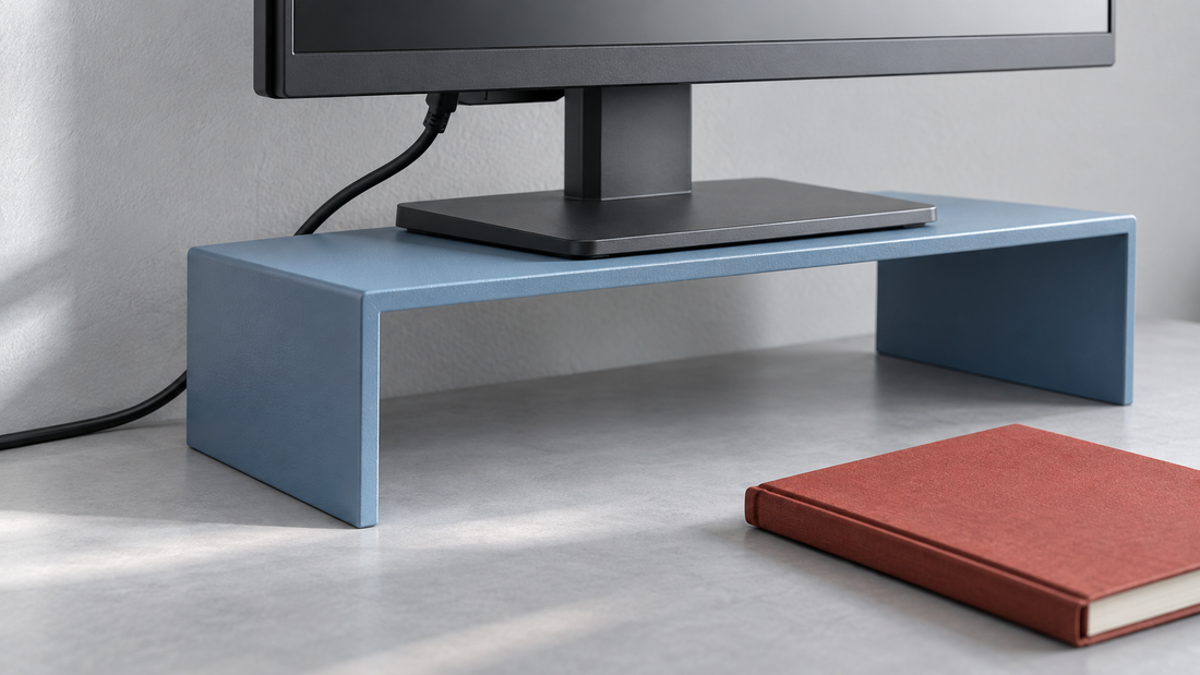 Black monitor cable routed behind a blue monitor riser, leaving the space underneath clear on a gray desk.
