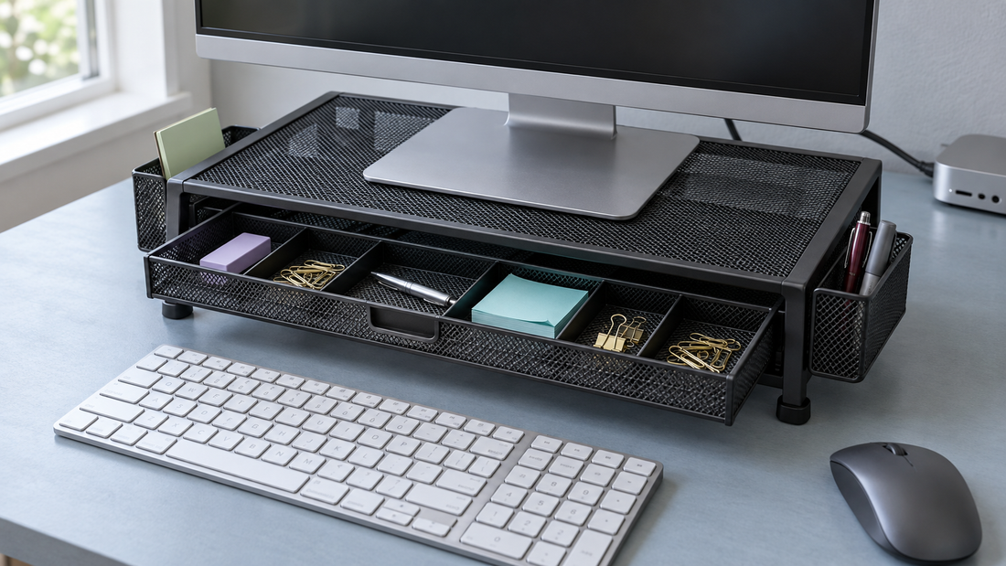 Black mesh monitor stand with an open divided drawer and side storage pockets, with a keyboard and mouse positioned clear of the storage openings.