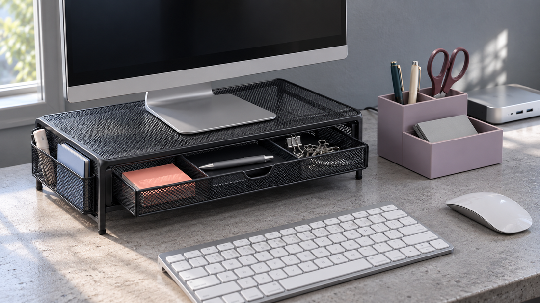 Black monitor stand with an open storage drawer and side pocket beside a lilac desktop organizer, with keyboard and mouse space in front.