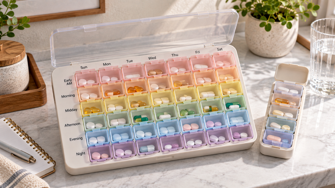 Weekly pill organizer with six separate compartments per day for keeping multiple daily medication dose periods individually organized.