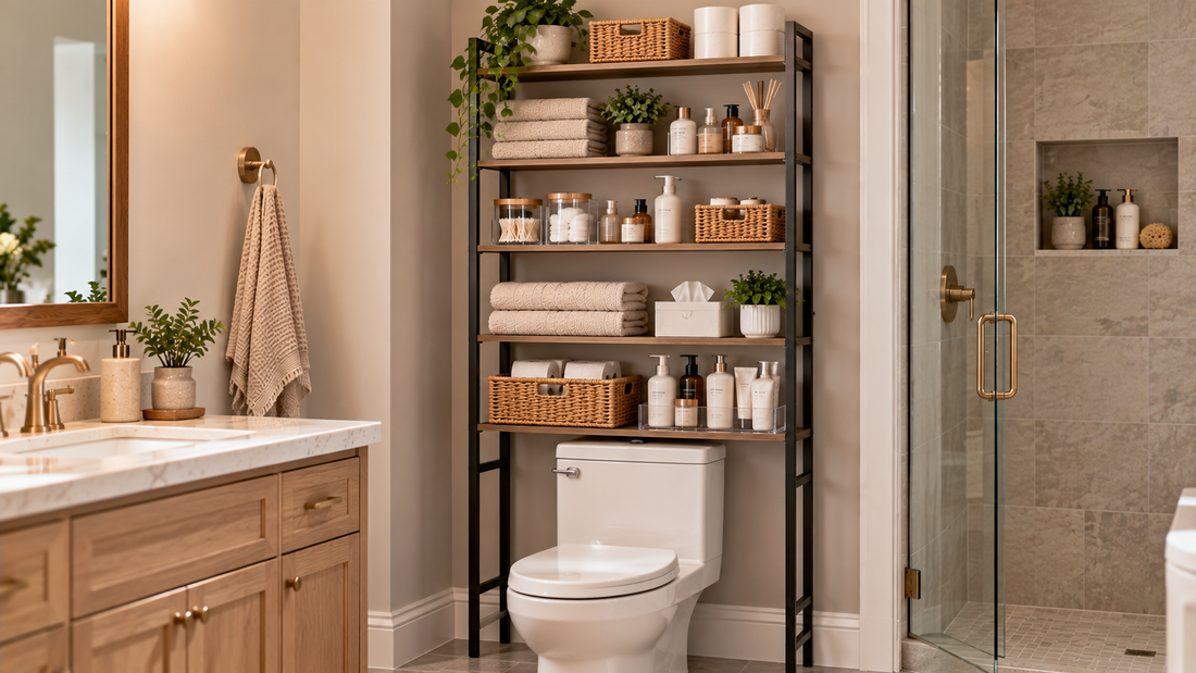 Multi-tier over-the-toilet storage organizing towels, toiletries, paper supplies, and backup bathroom essentials across separate shelf levels.