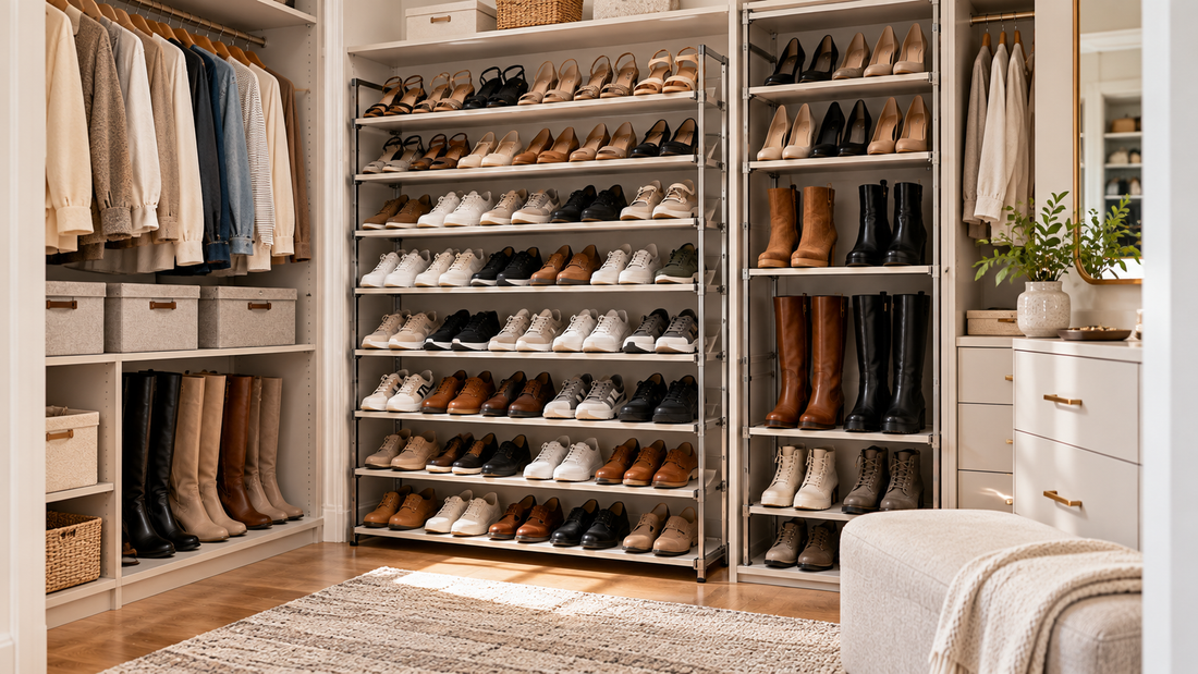Large shoe collection arranged vertically on multi-tier shoe organizers, keeping numerous pairs visible and accessible without lining shoes across the floor.