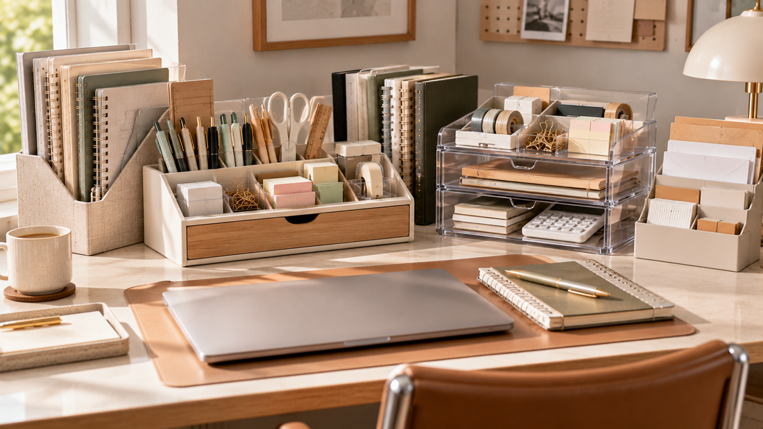 Multiple desk organizers dividing a growing collection of notebooks, writing tools, stationery, and small office supplies into manageable storage groups.