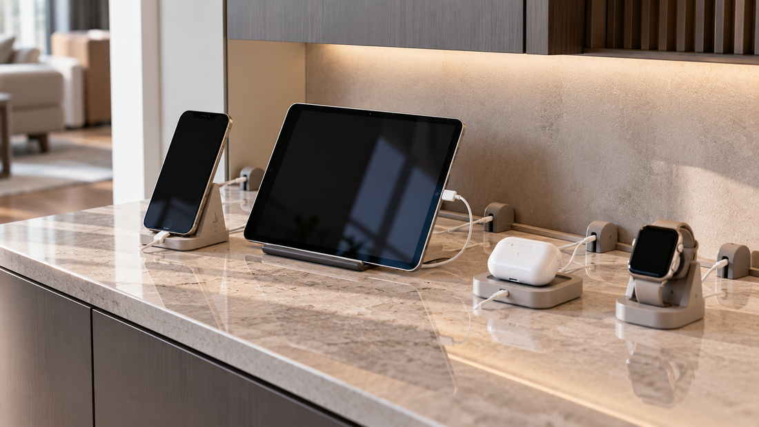 Smartphone, tablet, earbuds, and smartwatch sharing one charging area with separate cable positions to prevent cords from tangling.