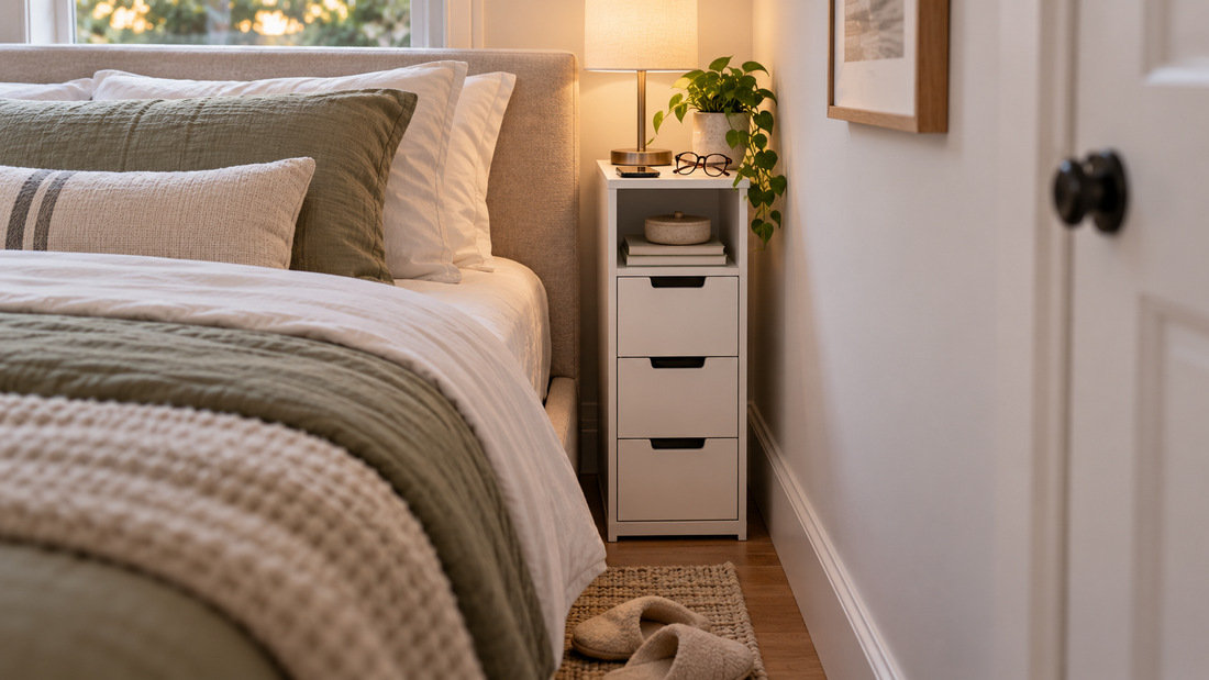 Slim bedside storage cabinet with drawers and an open shelf fitting into a narrow space beside a bed while preserving walking clearance.
