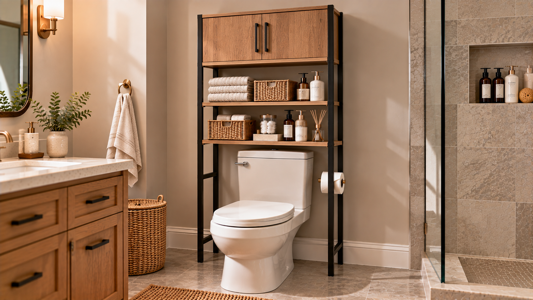 Narrow-frame over-the-toilet storage fitting around a single toilet with organized towels, toiletries, and bathroom supplies.