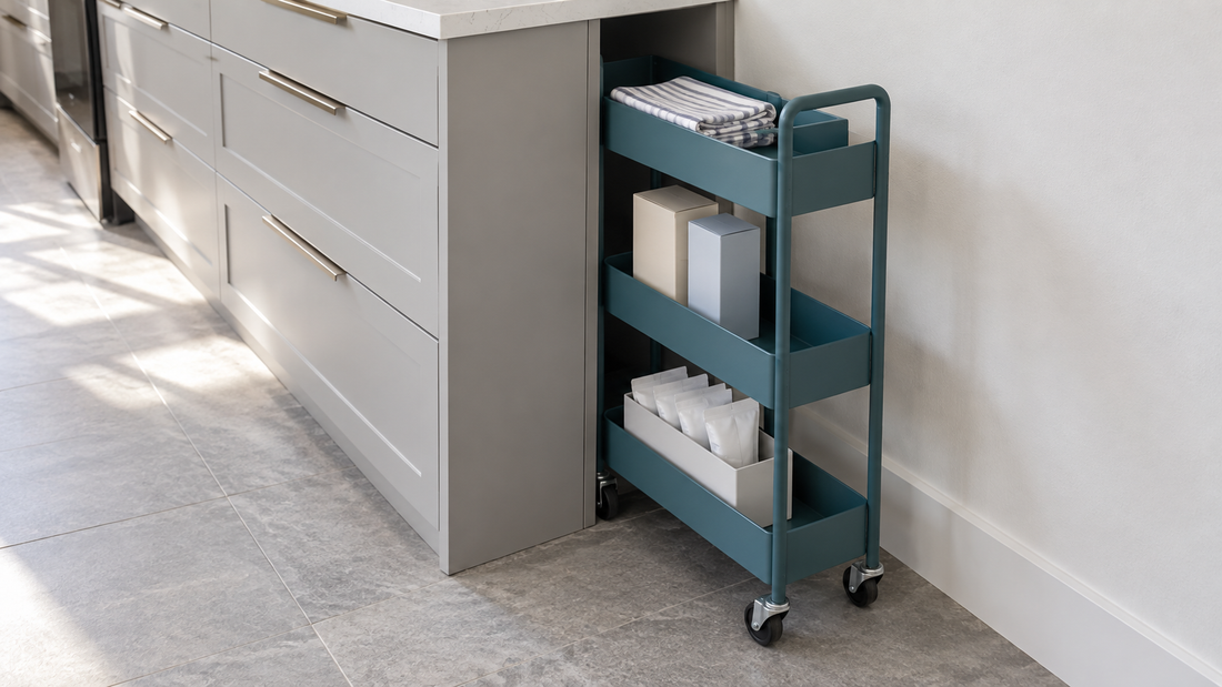Teal three-tier storage cart pulled halfway out of a narrow gap beside kitchen cabinetry, holding folded towels, cartons, and refill packets.