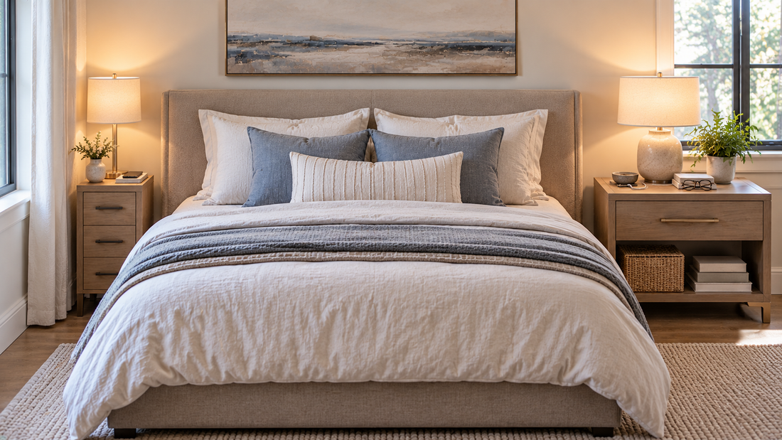 Narrow nightstand and standard-width nightstand beside a queen bed, comparing compact floor space with a wider bedside surface and additional storage.