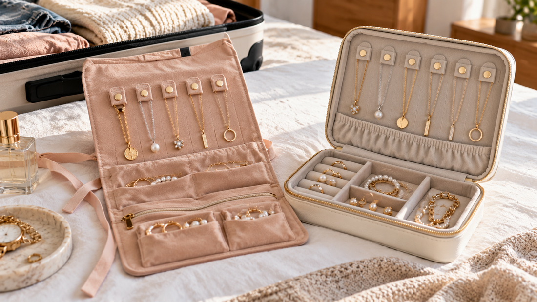 Necklace travel pouch and structured jewelry travel case compared for chain separation, portability, and protection while packing necklaces.