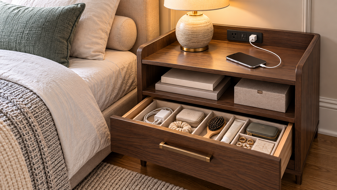 Nightstand with built-in charging access, organized cable storage, open shelving, and a divided drawer for bedside essentials.
