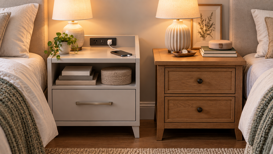 Nightstand with a built-in charging station beside a standard storage nightstand, comparing charging access and everyday bedside storage.