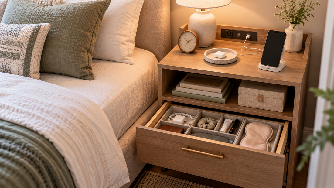 Nightstand with built-in charging ports, open shelf storage, and a divided drawer keeping bedside essentials and charging accessories organized.