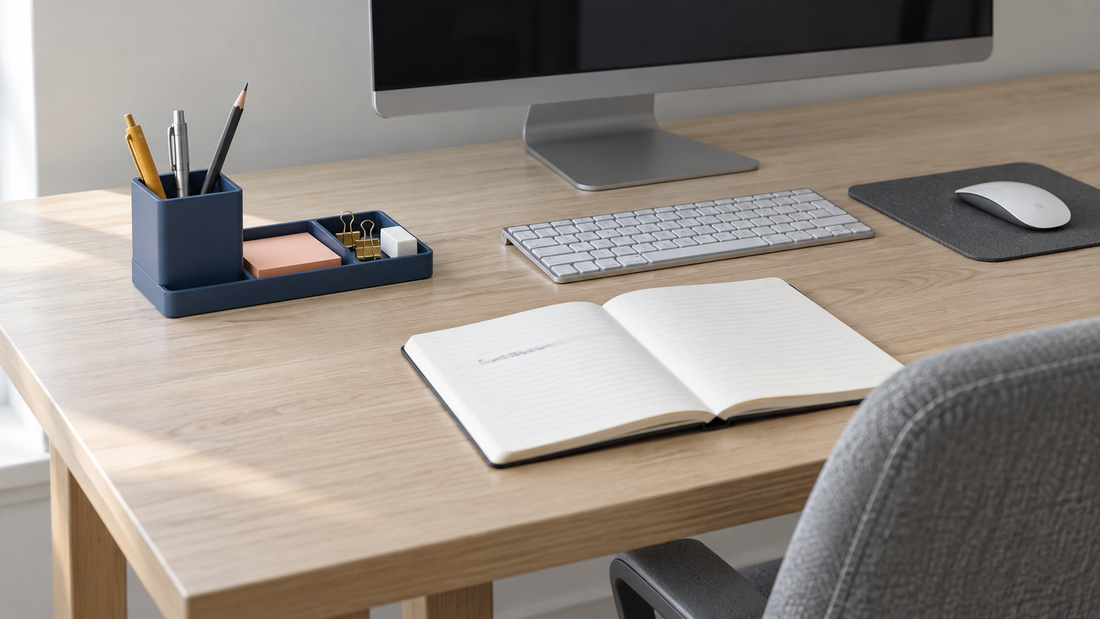 Blue desk organizer holding pens, sticky notes, binder clips, and an eraser beside a keyboard, leaving clear space for an open notebook.