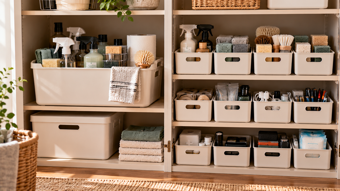 One large household storage organizer beside multiple smaller organizers separating cleaning supplies and everyday essentials into distinct categories.