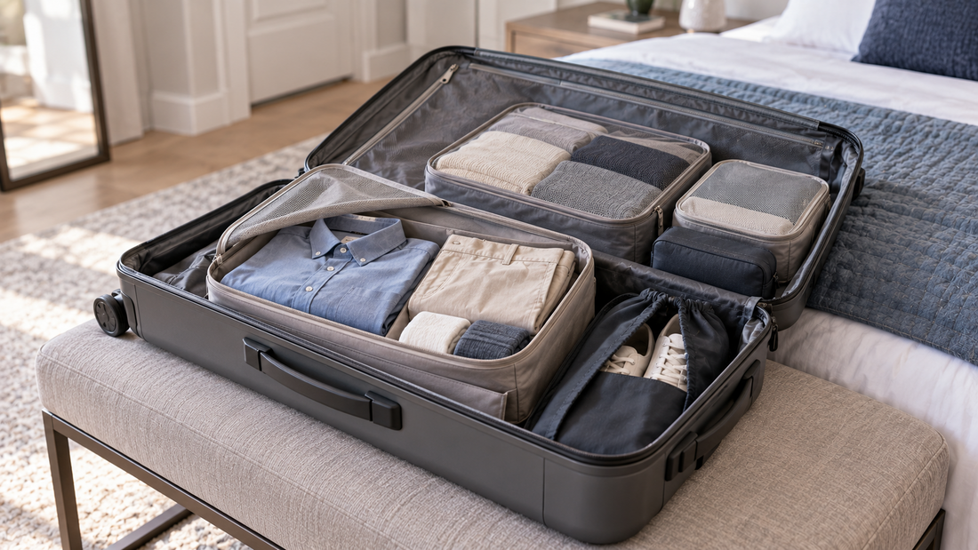 Open suitcase with one complete outfit grouped in an accessible packing organizer while clothing for later remains separately organized.