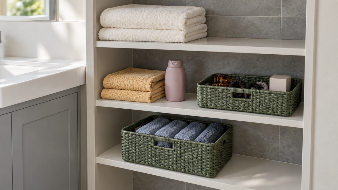 White bathroom shelves with exposed folded towels and a mauve toiletry bottle alongside green woven baskets holding hair accessories and blue washcloths.